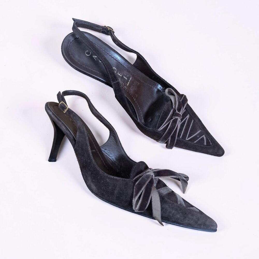 Casadei Brown Suede Bow Pointed Toe Slingback Heels 6B Made in Italy